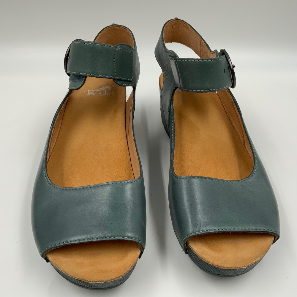 Dansko Tiffani Teal Leather Wedge Sandals Womens 39 Peep Toe 1705191900